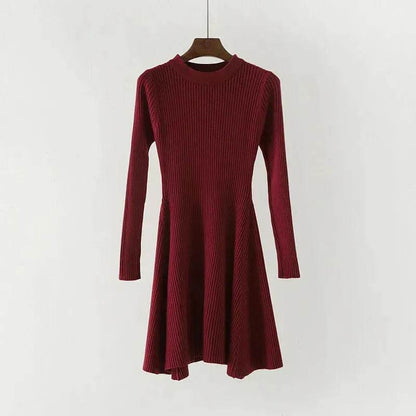 Autumn Winter Round neck Slim fit Mini Flared Sweater Dress