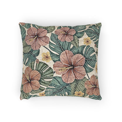 Hibiscus Tropical Floral Woven Pillow | Botanical Throw Cushion