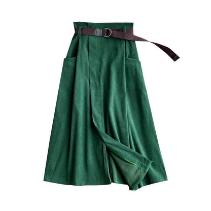 Solid Color Leisure Artistic Pocket High Waist Irregular flared Midi Skirt for work women