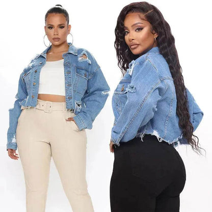 Veste courte en jean déchiré à manches longues pour femmes, coupe courte, ample