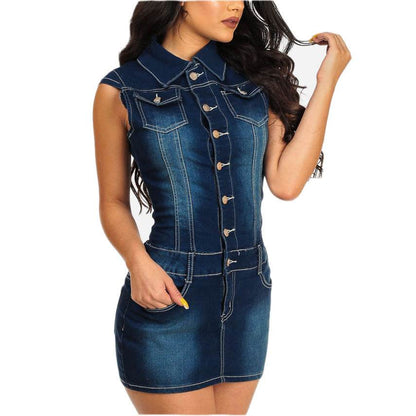 Chic Club Mini Jeans Dress Button down short sleeve Denim Hip dress