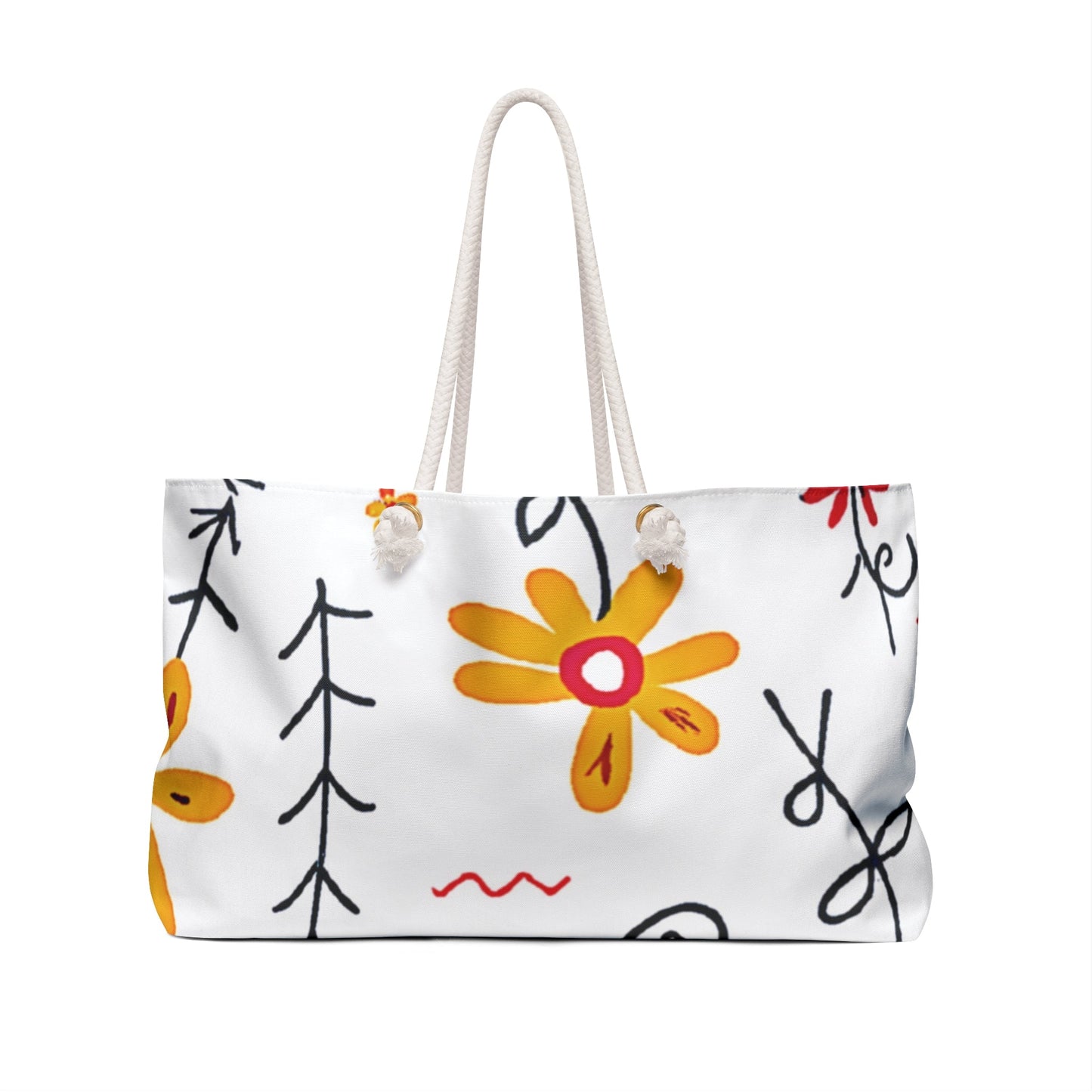 Sac de week-end Fleurs gribouillis jaunes | Sac fourre-tout floral, plage, voyage, grand sac fourre-tout