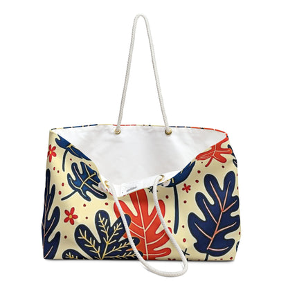 Abstract Tropical Leaves Weekender Bag | Blue Orange Leaf Pattern, Large Tote Bag