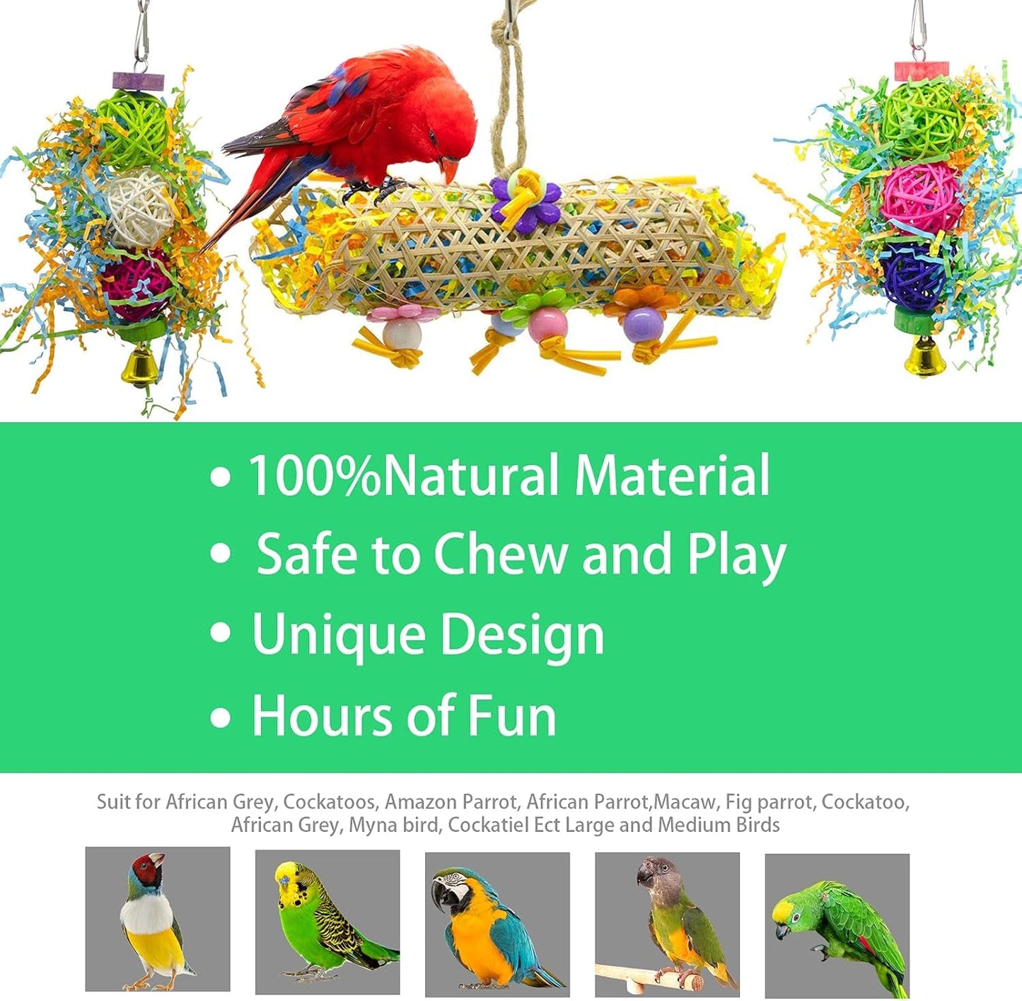 SHANTU Lot de 3 jouets à mâcher pour oiseaux, jouets à déchiqueter, jouets en luffa pour oiseaux, jouets de recherche de nourriture suspendus pour calopsittes, perruches, perroquets gris africains