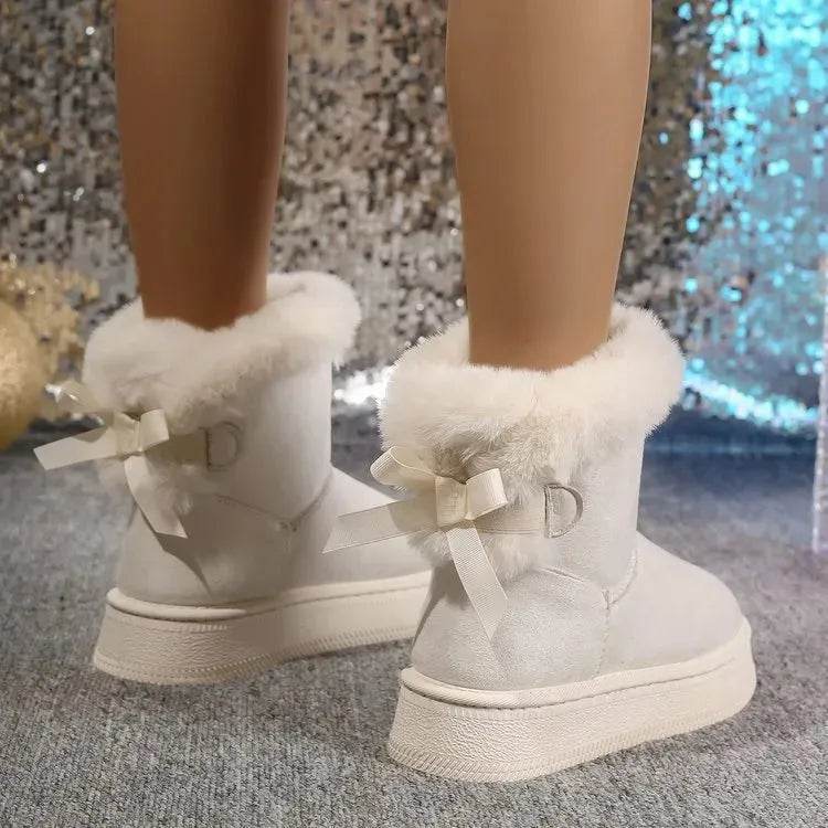 Bottes de neige d'hiver avec nœud papillon, à la mode, bout rond, plat, épaissies, en daim, coton pour femmes, chaudes, pelucheuses, courtes