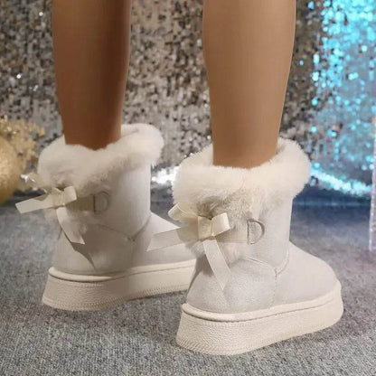 Bottes de neige d'hiver avec nœud papillon, à la mode, bout rond, plat, épaissies, en daim, coton pour femmes, chaudes, pelucheuses, courtes
