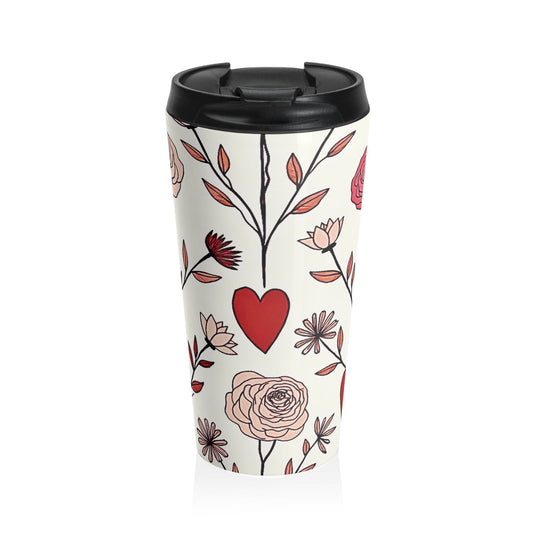 Mug de voyage en acier inoxydable avec motif floral cœur rouge dessiné à la main | Motif Saint-Valentin