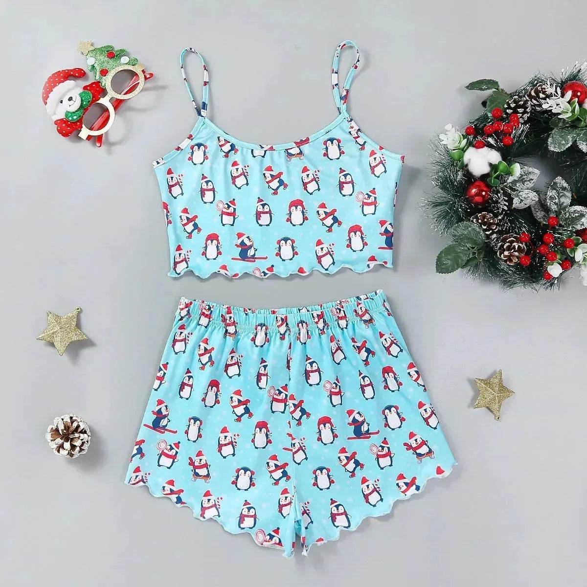 Pyjama de Noël européen et américain pour femme - Débardeur et short - Soie de lait - Simple et décontracté - Deux pièces - Vêtement d'intérieur