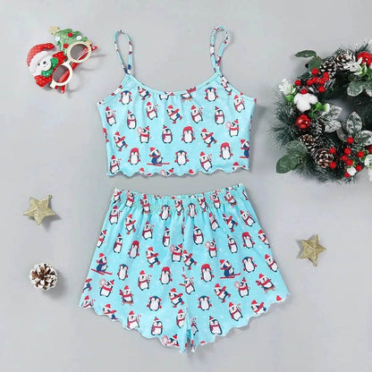 Pyjama de Noël européen et américain pour femme - Débardeur et short - Soie de lait - Simple et décontracté - Deux pièces - Vêtement d'intérieur