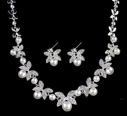 Bride diamond pearl necklace earrings set
