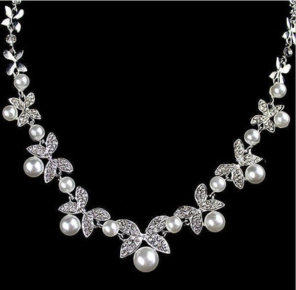 Bride diamond pearl necklace earrings set