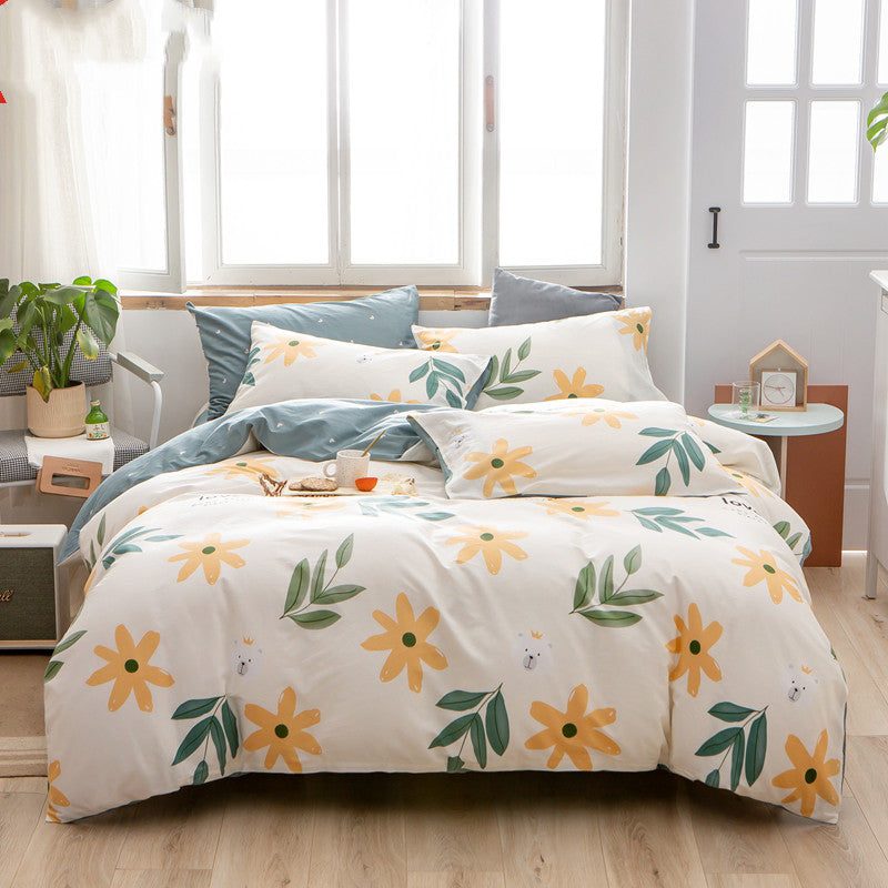Cotton 4-Piece Bedding Set – Floral Plant Print Bed Linen Set with Duvet Cover