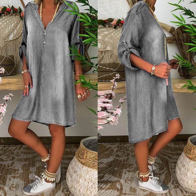 Casual Half Button Mid-sleeve loose Washed denim dress