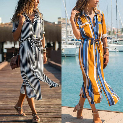 Robe longue à rayures en mousseline de soie à manches longues pour femmes, col en V, sexy, élégante et décontractée, printemps-été