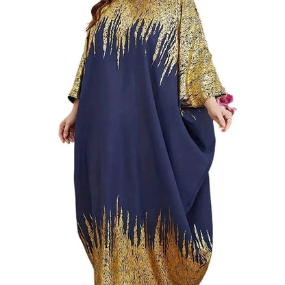 Fashion Embellish Fancy Abaya Middle East Print Color Contrast Patchwork Bat Sleeve Width Loose Summer Long Sleeve Dress