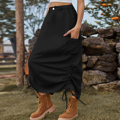 American-style Casual Denim Drawstring Midi Cargo Skirt