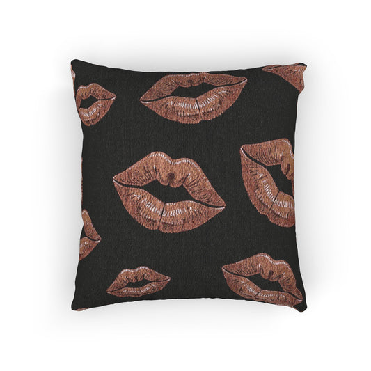 Oreiller tissé imprimé lèvres or rose | Fond noir, coussin décoratif