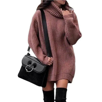 Autumn Winter Solid Cashmere oversized Knitted Mini Turtleneck Sweater Dress