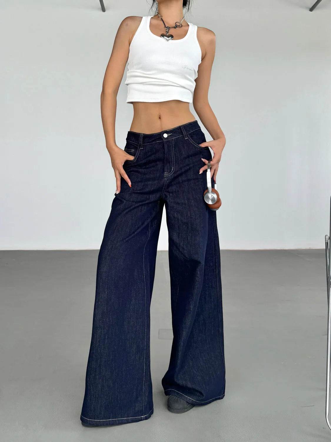 Pantalon Jean Ample Jambe Large Rétro Américain Tendance pour Femme