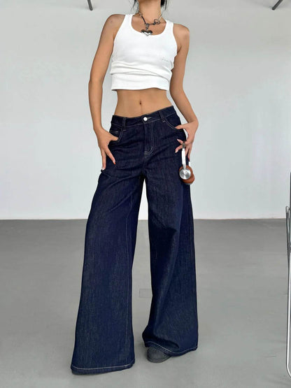 Pantalon Jean Ample Jambe Large Rétro Américain Tendance pour Femme
