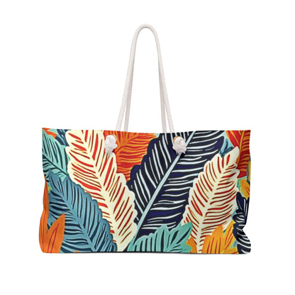 Sac de voyage à imprimé plumes tropicales | Motif feuilles colorées | Grand cabas | Sac maman débordée | Sac maman de tous les jours