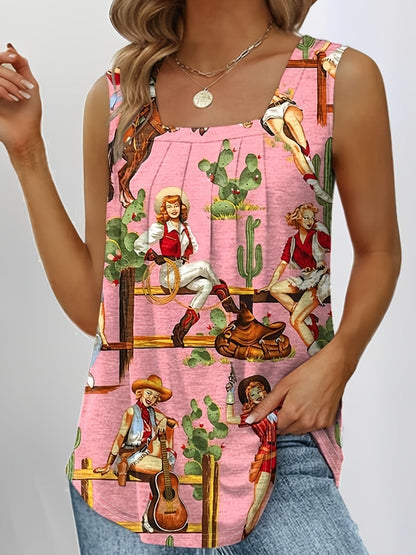 Plus Size Western Chic Vest Tank Top - Relaxed Fit, Medium Stretch, Random Cowboy Print, Square Neck, Pleated Design - Casual Polyester Top for All Seasons