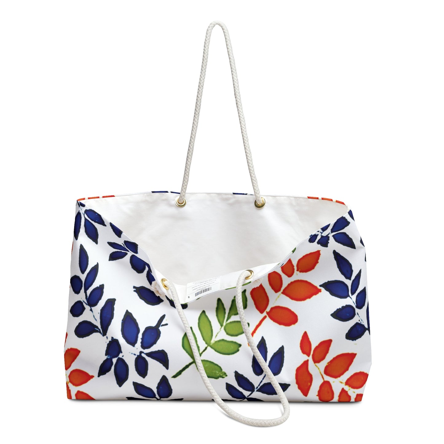Colorful Leaf Pattern Weekender Bag | Navy Red Green Leaves, Large Tote Bag