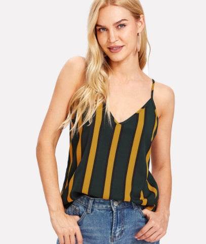 Casual Double V Neck Striped summer Top Spaghetti Strap Summer Multicolor Backless Tops