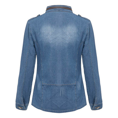 Fitted Zip up Lapel Women Denim Jacket