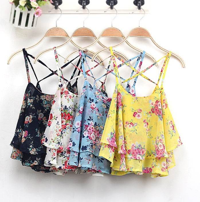 Tops chemisier d'été en mousseline à imprimé floral pour femme - Chemise rétro sans manches à imprimé floral et épaules croisées