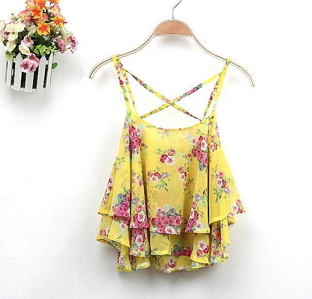 Tops chemisier d'été en mousseline à imprimé floral pour femme - Chemise rétro sans manches à imprimé floral et épaules croisées