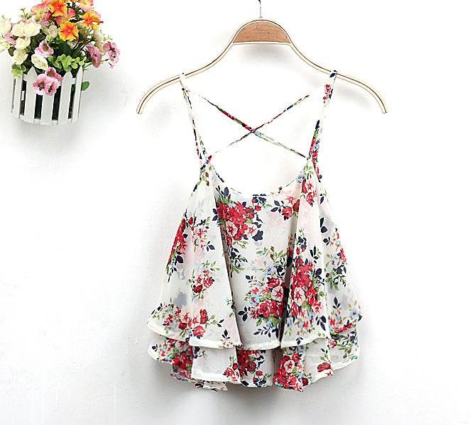 Tops chemisier d'été en mousseline à imprimé floral pour femme - Chemise rétro sans manches à imprimé floral et épaules croisées