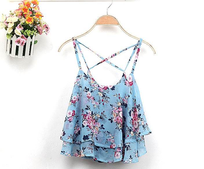 Tops chemisier d'été en mousseline à imprimé floral pour femme - Chemise rétro sans manches à imprimé floral et épaules croisées
