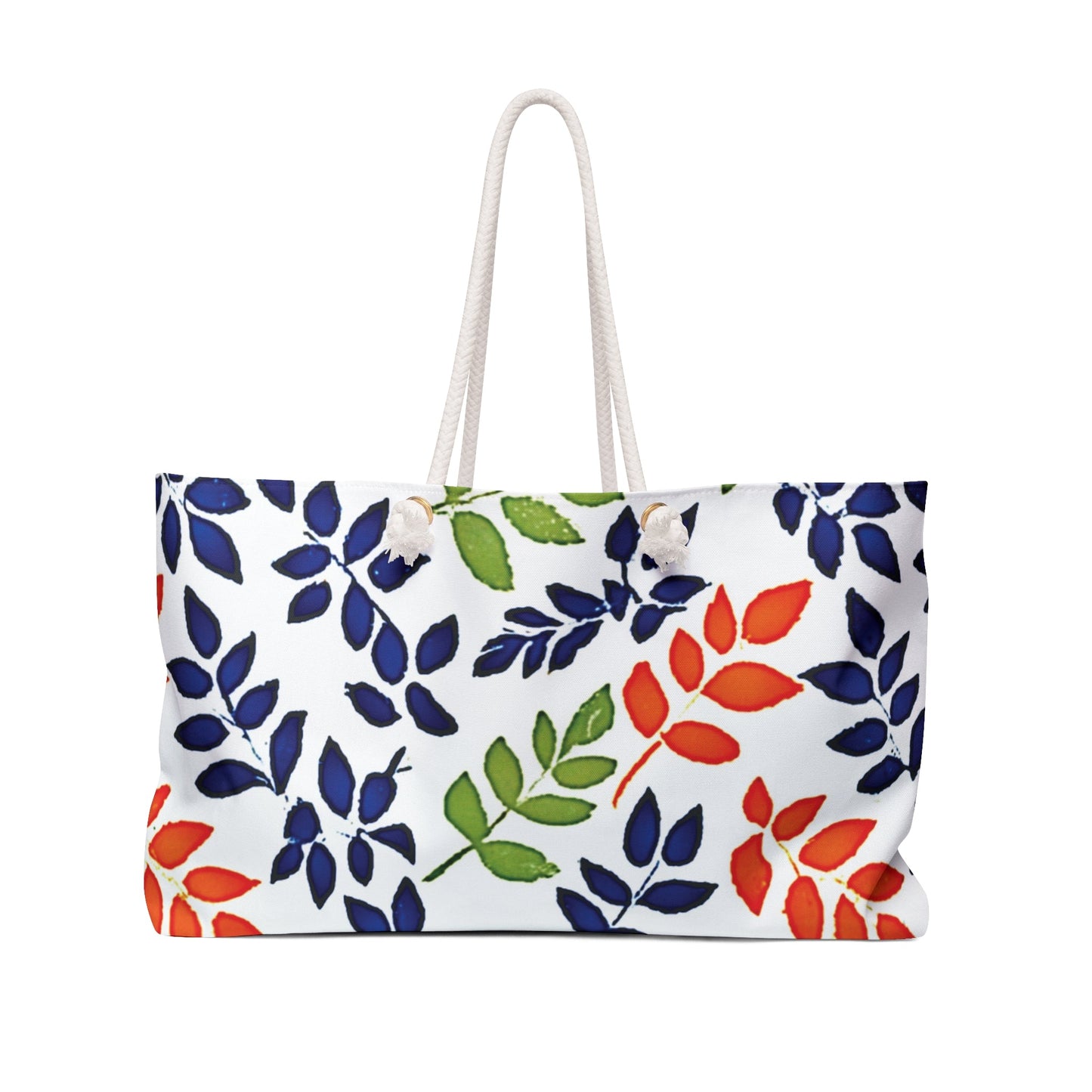 Colorful Leaf Pattern Weekender Bag | Navy Red Green Leaves, Large Tote Bag