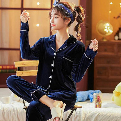 2pcs Couple Gold Velvet Long Sleeve Pajamas set