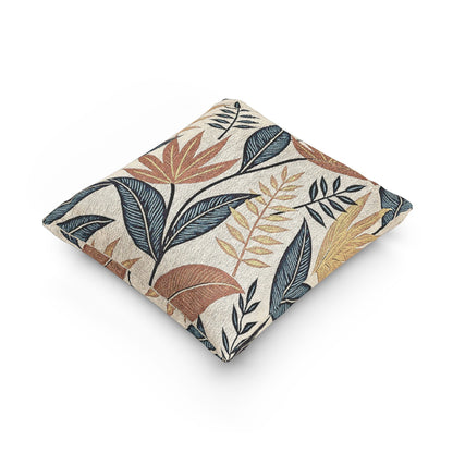 Tropical Leaf Pattern Woven Pillow | Botanical Throw Pillow, Neutral Blue Rust Design