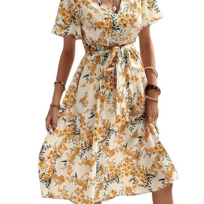 Robe mi-longue d'été décontractée bohème à manches courtes et col en V, avec ceinture à nouer et imprimé floral pour femme