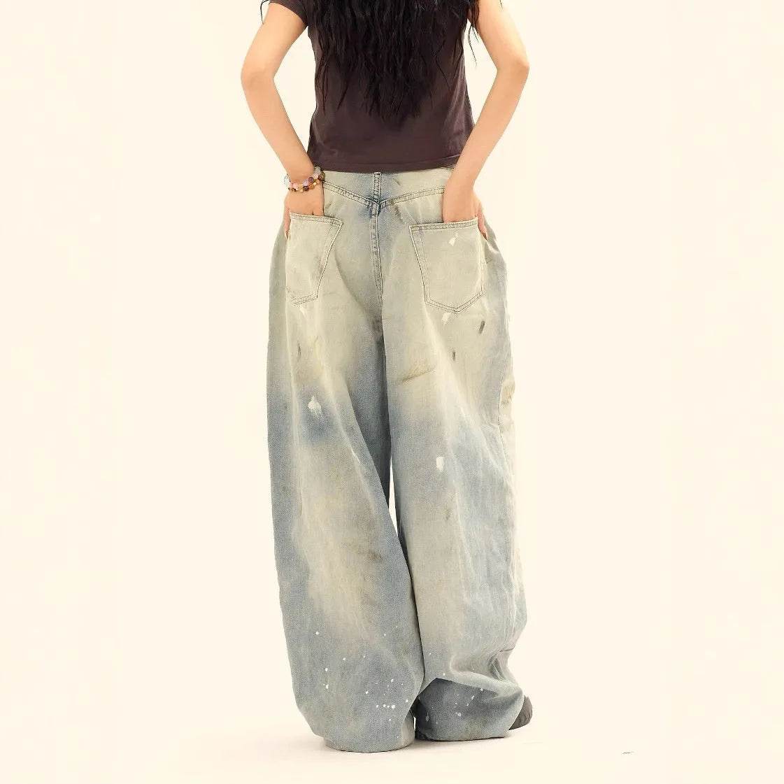 Jeans amples délavés et déchirés décontractés, style unisexe amincissant avec motifs éclaboussures d'encre pour hommes et femmes