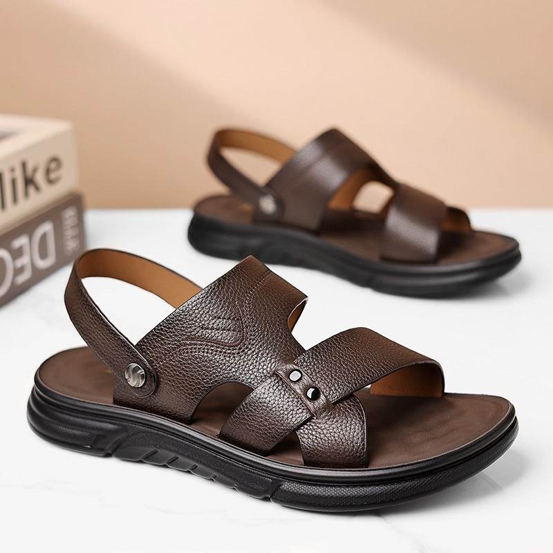 Men’s Breathable Genuine Leather Beach Shoes – Soft Sole Casual Loafers for Middle-Aged & Seniors