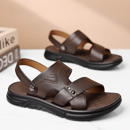 Men’s Breathable Genuine Leather Beach Shoes – Soft Sole Casual Loafers for Middle-Aged & Seniors