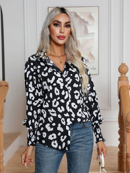 Leopard Print Lantern Sleeve Blouse Shirt top for Women