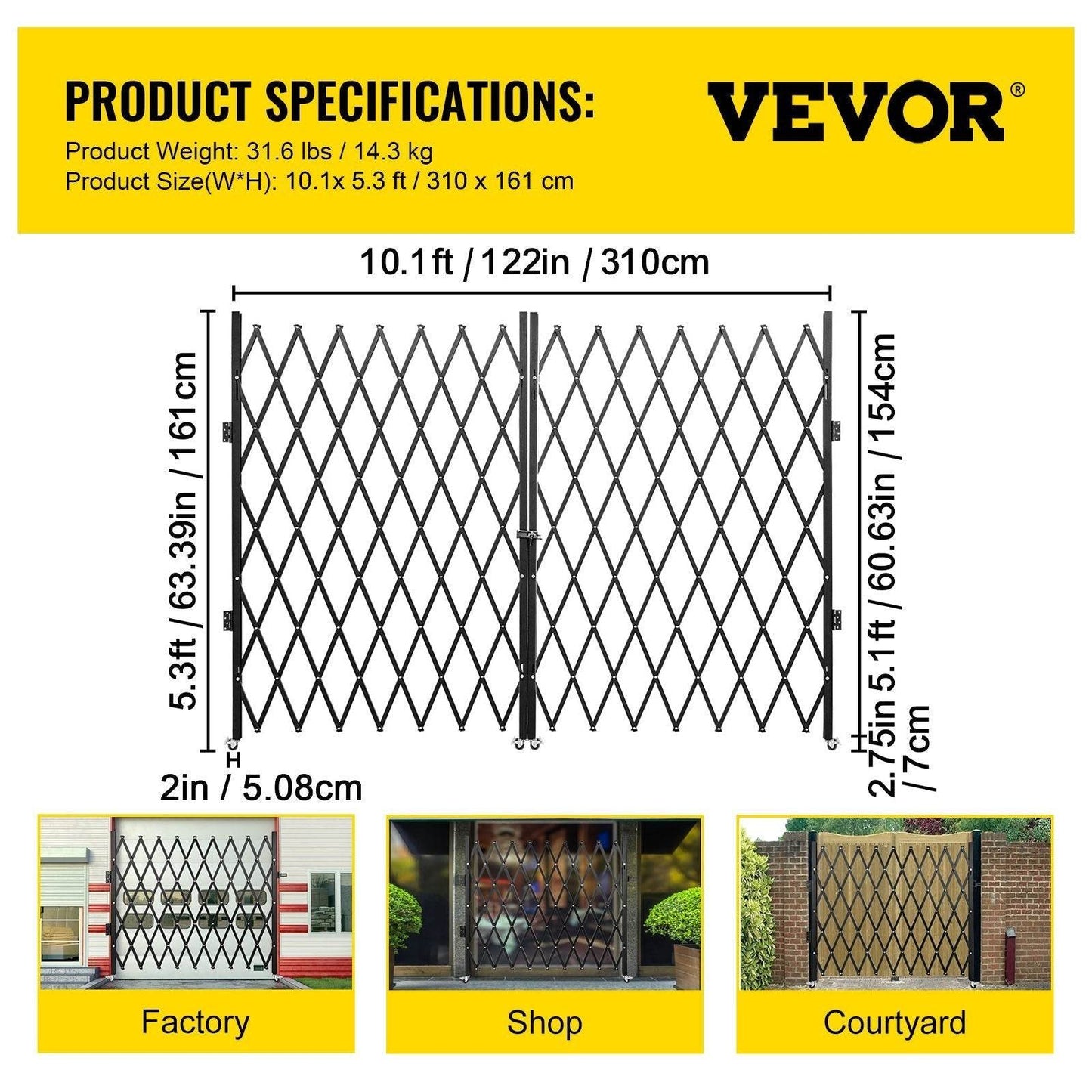 Double Folding Security Gate, 5.1 H X 10.2 W Folding Door Gate, Steel Accordion Security Gate, Flexible Expanding Security Gate, 360 Rolling Barricade Gate, Scissor Gate Or Door With Keys