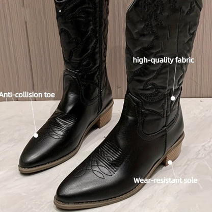 Solid Color Women's Low Heeled Embroidery Cowboy Boots, Pointed Toe V-cut Chunky Retro Mid Calf Western Boots