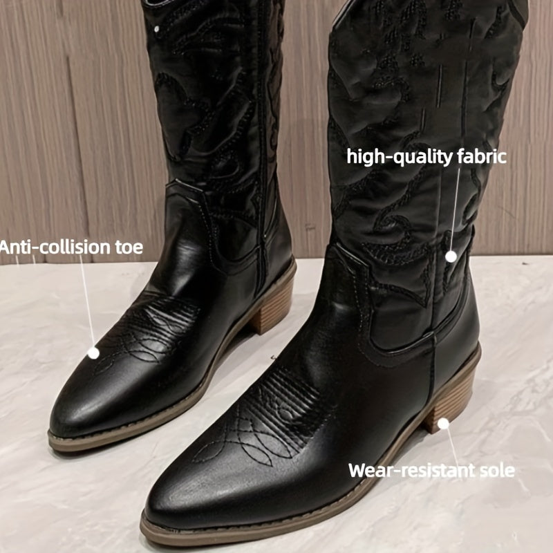 Bottes de cowboy mi-mollet rétro à talon bas et broderies pour femme, bout pointu et découpe en V