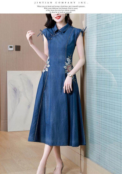 New Modified Version Denim Jeans Flared Midi Dress Female Machine Embroidery Retro