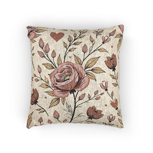 Vintage Pink Rose Woven Pillow | Floral Tapestry Cushion, Cottagecore Decor