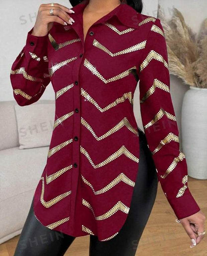 Lyxana Open Placket Foil Print Random Cut Shoulder Long Sleeve Cinched Waist Blouse Women tunic Shirt