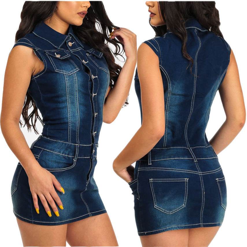 Chic Club Mini Jeans Dress Button down short sleeve Denim Hip dress