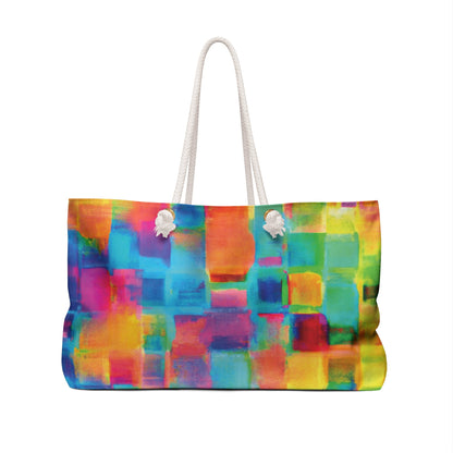 Sac de voyage « weekender » avec des carrés abstraits aquarelle colorés | Grand sac fourre-tout de voyage lumineux