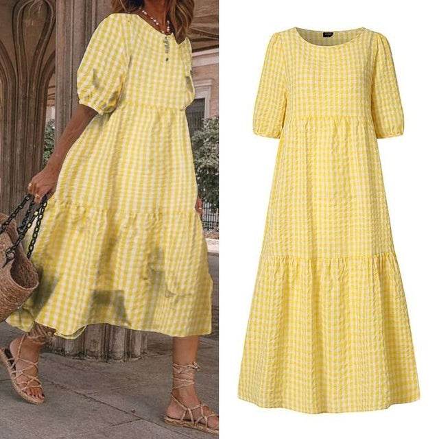 Casual Summer Midi dress puff sleeve flowy mum dress